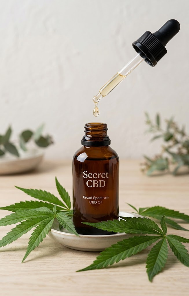 Secret CBD broad-spectrum oil bottle with a glass dropper and green leaves